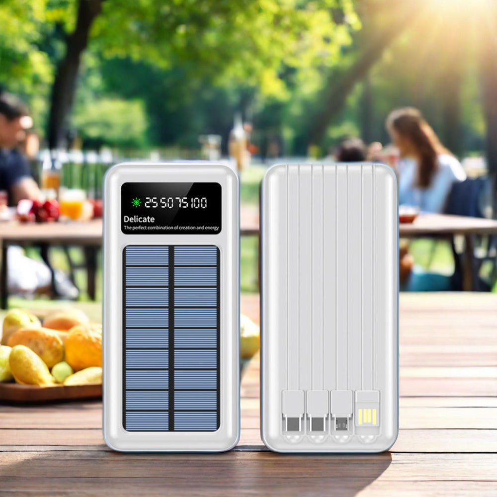 Batterie solaire avec affichage LED - Power Bank avec 4 câbles intégrés