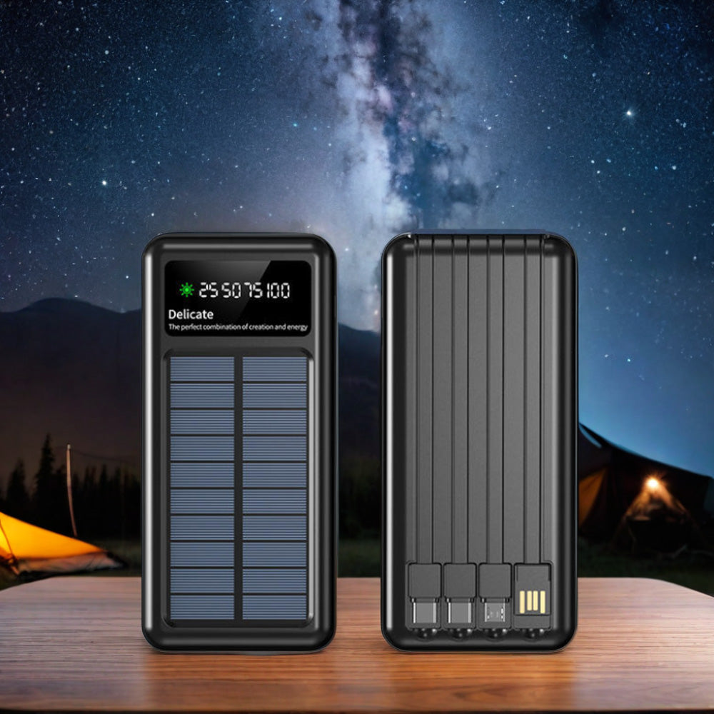 Batterie solaire avec affichage LED - Power Bank avec 4 câbles intégrés