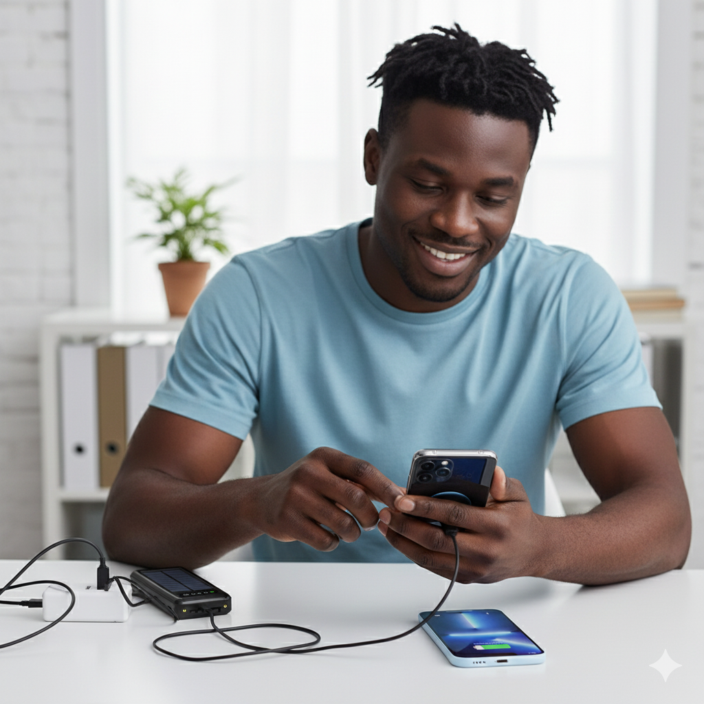 Batterie solaire avec affichage LED - Power Bank avec 4 câbles intégrés