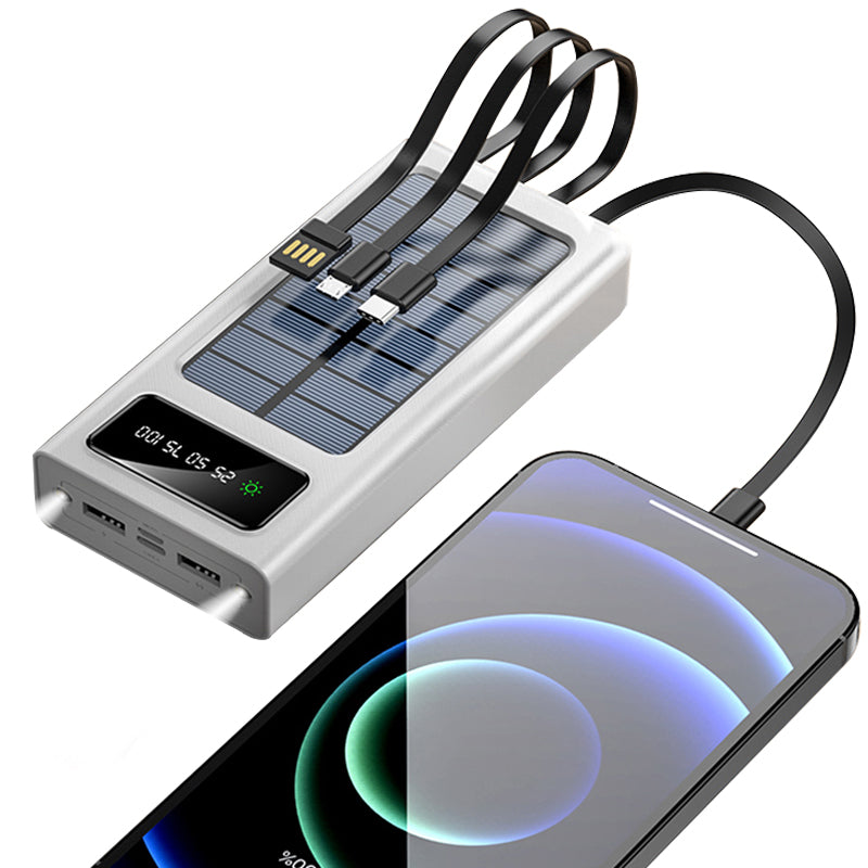 Batterie solaire avec affichage LED - Power Bank avec 4 câbles intégrés