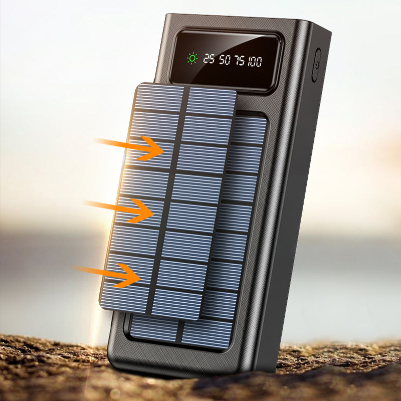 Batterie solaire avec affichage LED - Power Bank avec 4 câbles intégrés