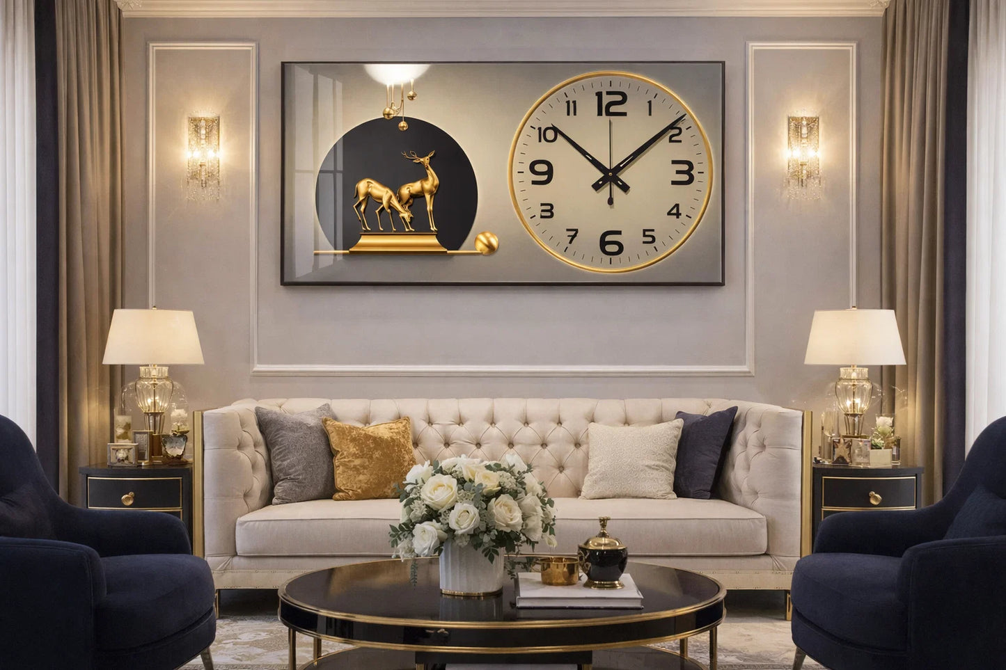 L'horloge murale élégance royale led  avec cerfs dorés
